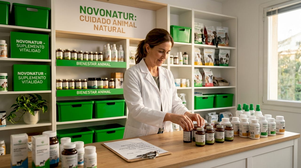 Farmacéutico veterinario acomodando los suplementos en el mostrador