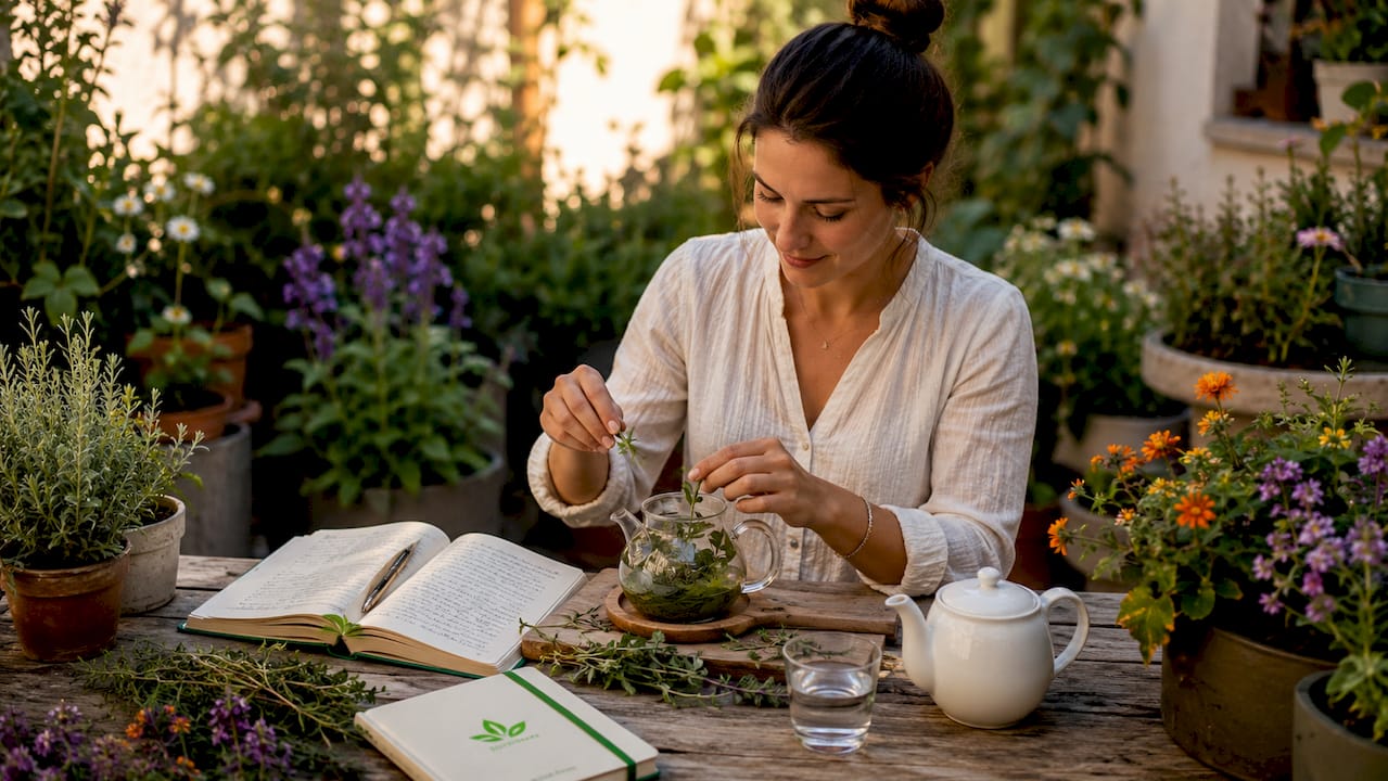 Una mujer prepara una infusión de hierbas medicinales en la comodidad de su hogar.