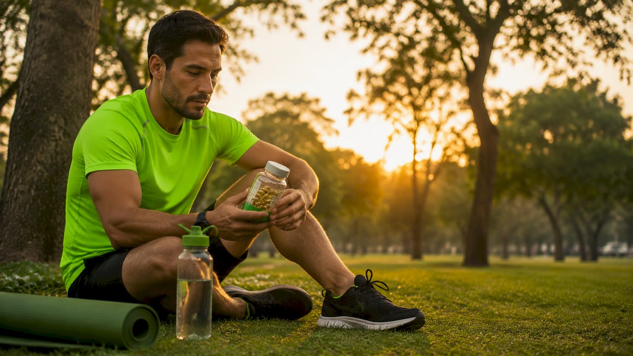 Un atleta examina un bote de omega 3 antes de entrenar en el gimnasio.