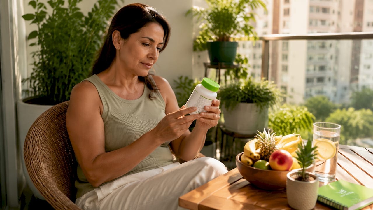 Mujer revisando productos naturales para la salud en su hogar