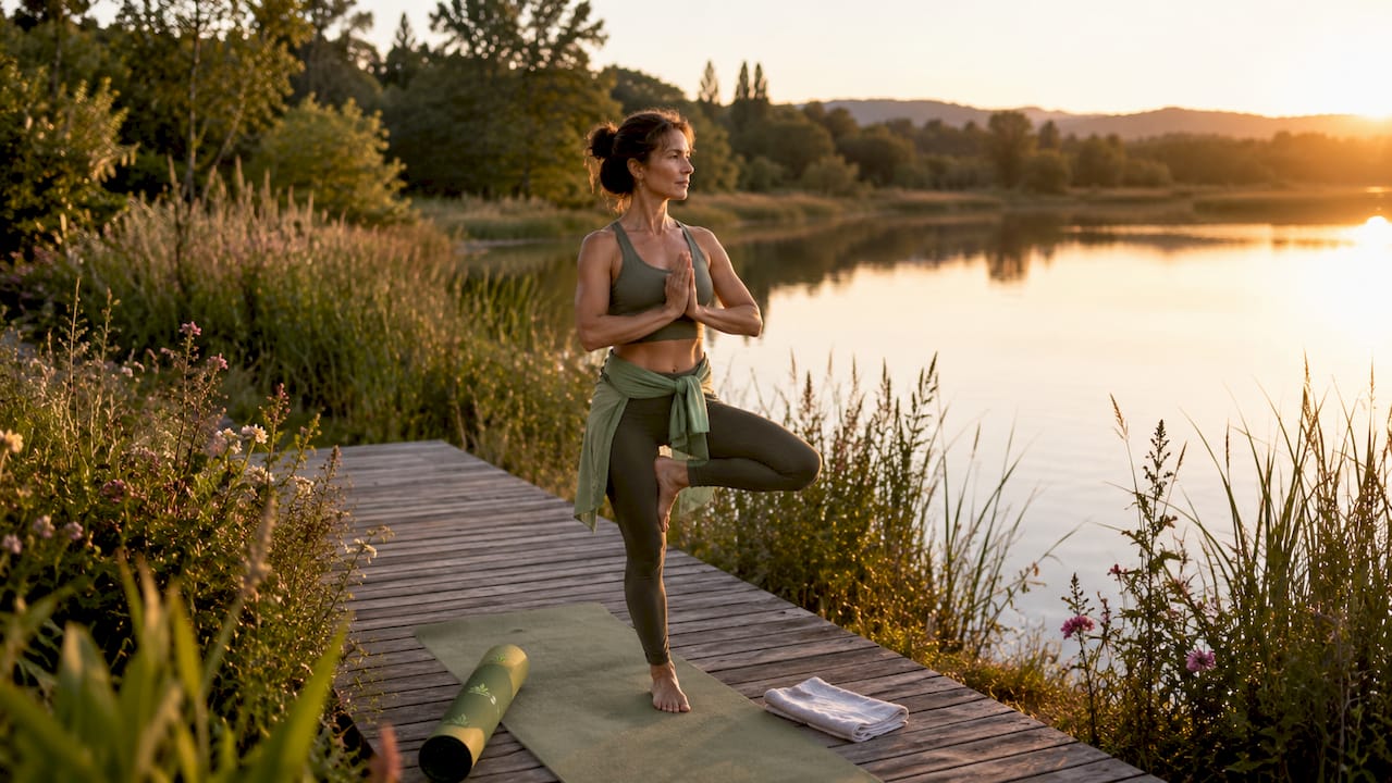 Mujer haciendo yoga al aire libre durante el amanecer en un parque