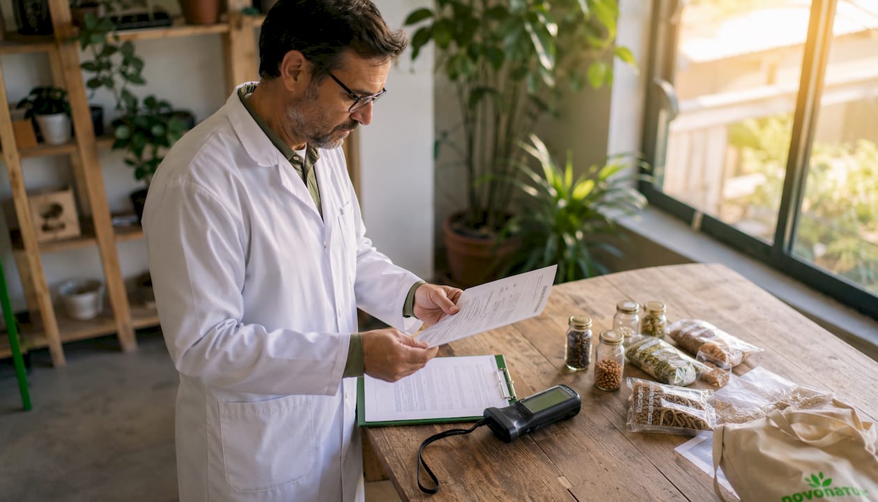 Un inspector verifica el certificado de producción orgánica en la planta.