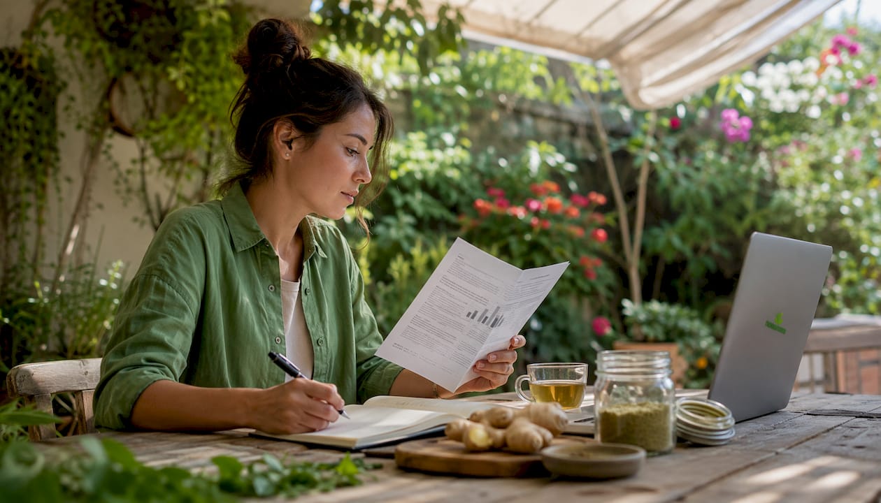 Nutricionista analizando muestras de ingredientes naturales