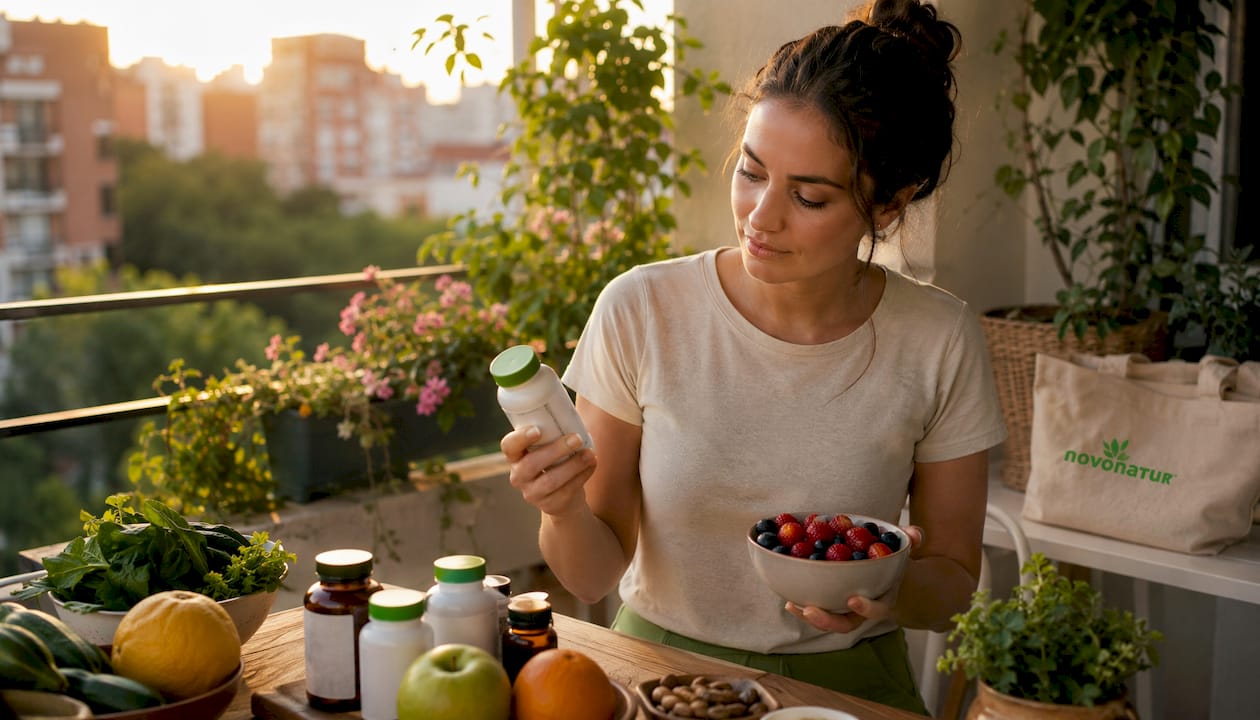 Una mujer revisa los suplementos y selecciona alimentos frescos en la cocina, asegurándose de cuidar su alimentación.