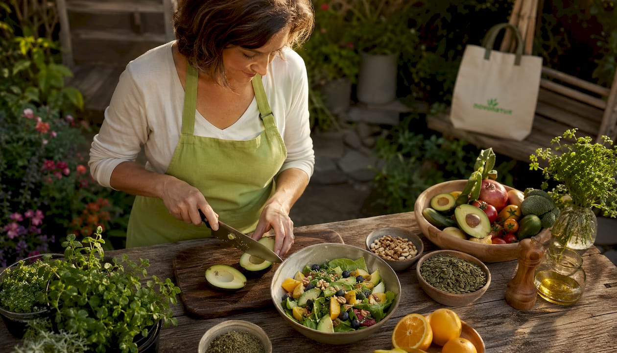 Una mujer está preparando una ensalada fresca y saludable en su cocina, cuidando cada detalle para disfrutar de una comida ligera y nutritiva.