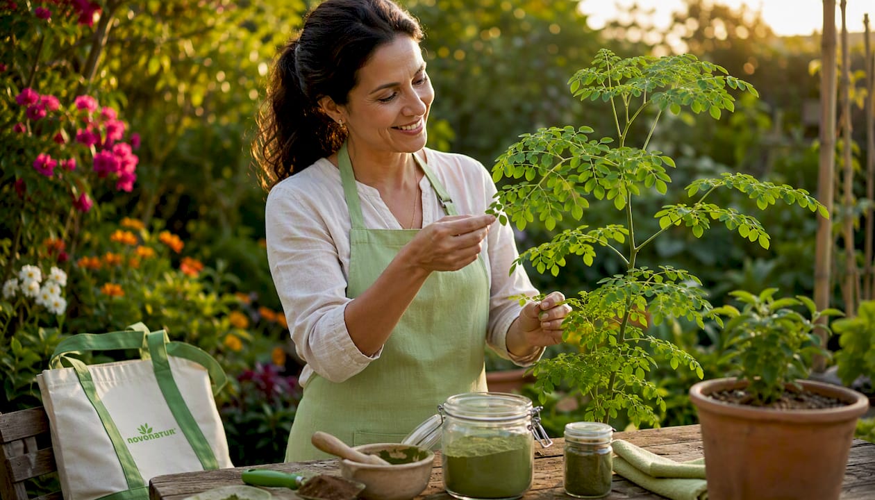 Una mujer revisa hojas frescas de moringa en la cocina de su casa.
