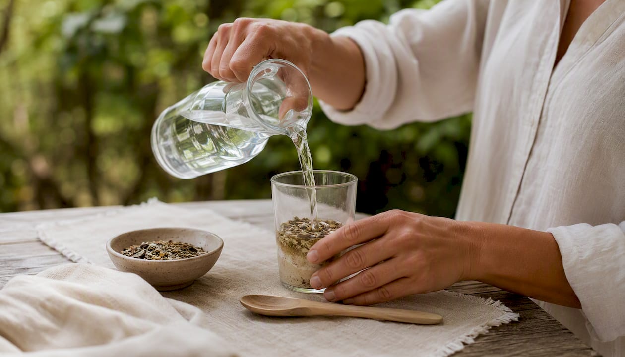 Manos preparando una bebida natural para reforzar las defensas