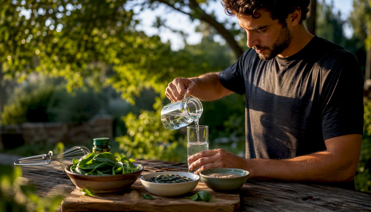 Un corredor se prepara una bebida natural rica en magnesio antes de salir a entrenar.