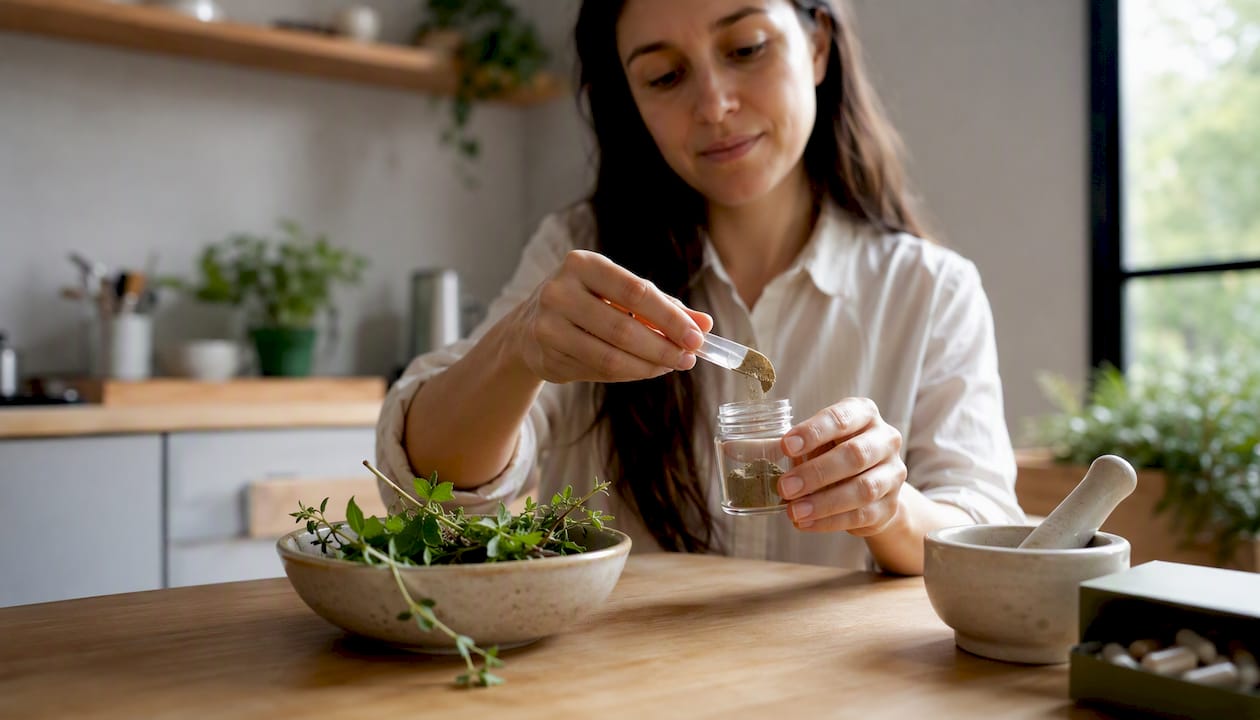Unas manos preparan un suplemento natural en la cocina