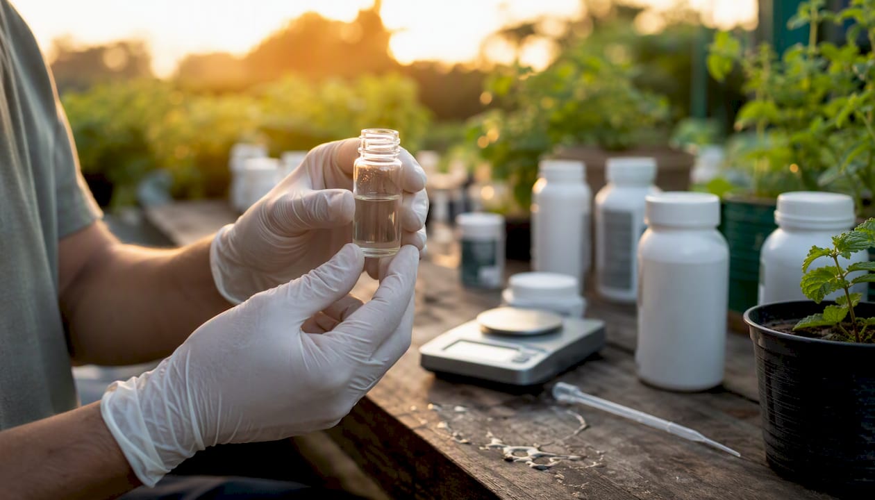 Manos sosteniendo un frasco para analizar suplementos