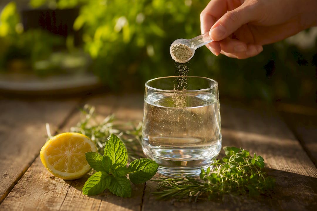 Mano preparando un suplemento en un vaso con agua