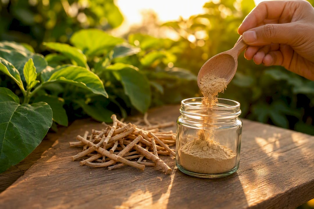 Raíces de ashwagandha y polvo siendo vertidos