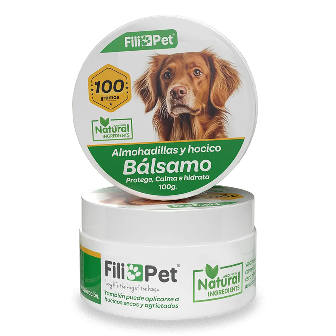 Envase de bálsamo para perros abierto mostrando textura cremosa para hidratar almohadillas y hocico