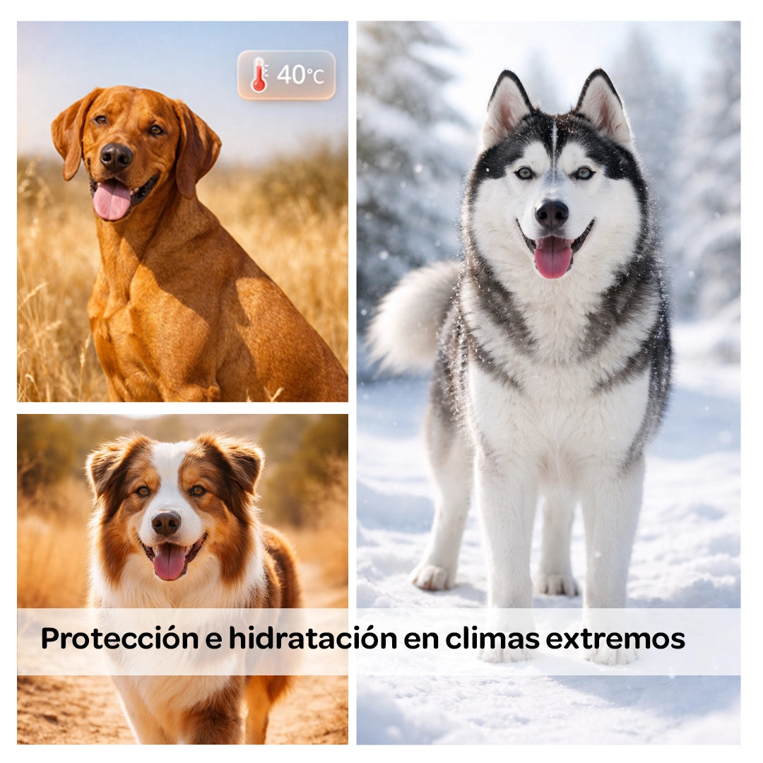 Perros en nieve y calor extremo con hocico y patas protegidas e hidratadas gracias al bálsamo