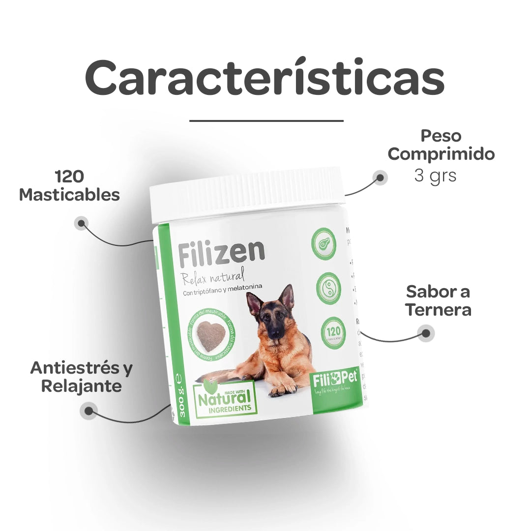 Características del suplemento para perros Filizen Relax Natural con 120 masticables calmantes sabor ternera con triptófano y melatonina.