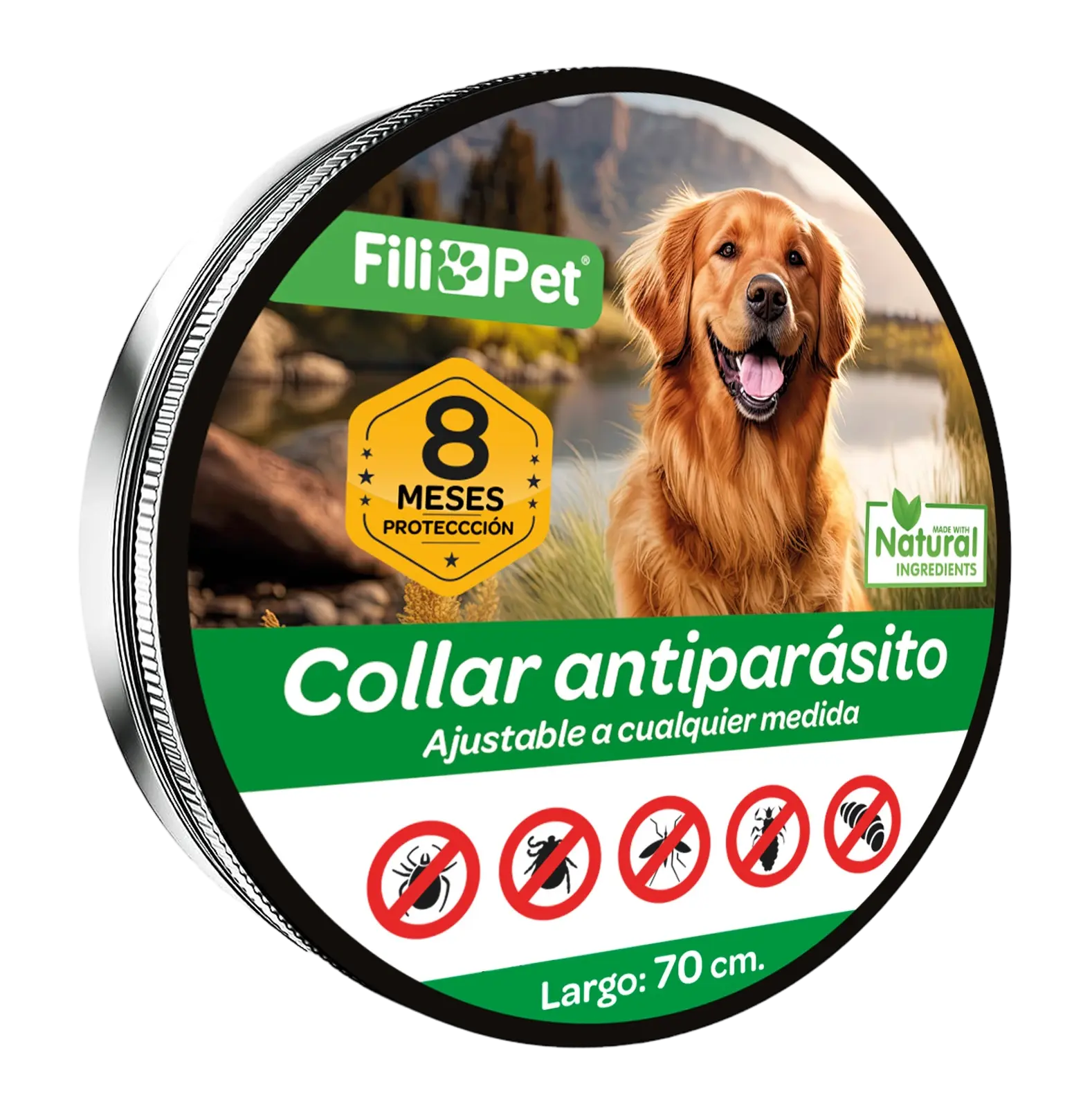Collar antiparasitario para perros FilioPet con protección natural contra pulgas, garrapatas y mosquitos durante 8 meses, ajustable hasta 70 cm.