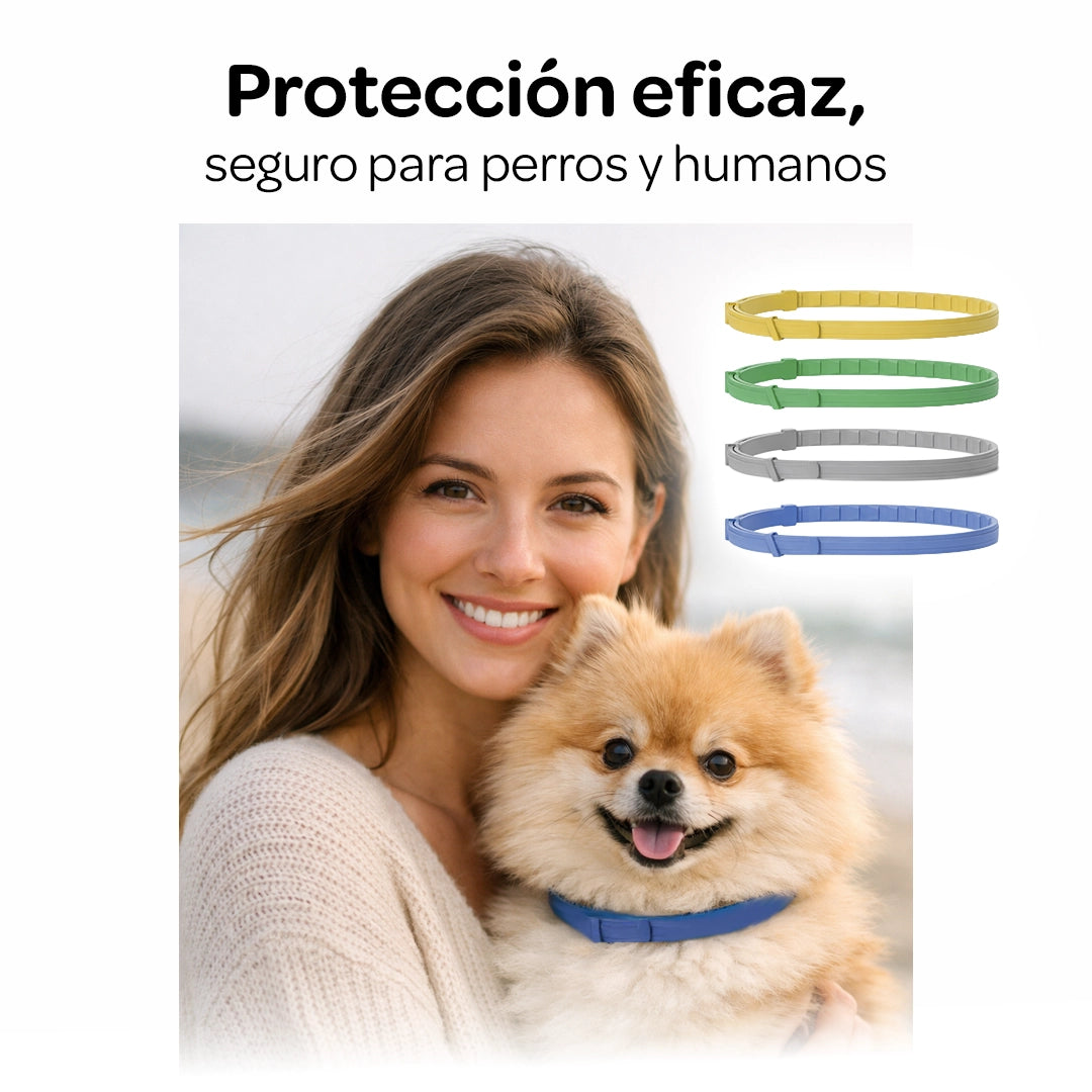 Mujer sujetando un perro pequeño con collar antiparasitario FilioPet seguro para mascotas y personas.