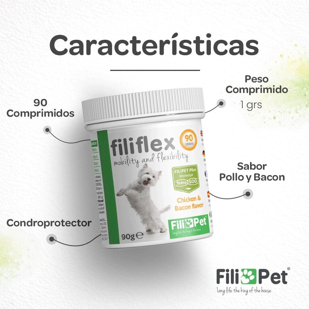 Características del suplemento articular para perros Filiflex con microalga TetraSOD, glucosamina y condroitina para apoyar la movilidad, flexibilidad y salud articular en perros.