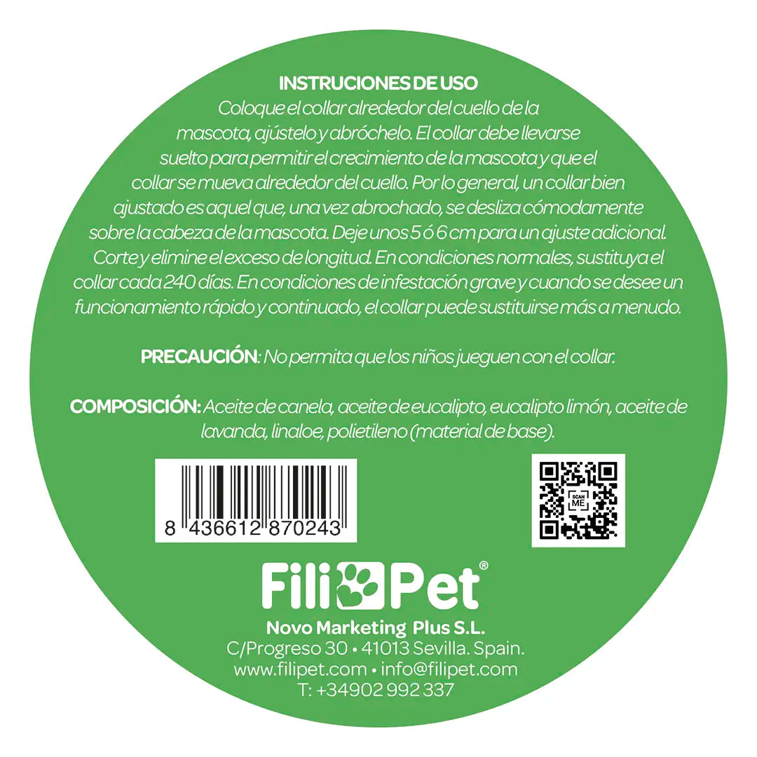 Instrucciones de uso del collar antiparasitario FilioPet para perros con sistema ajustable y corte del exceso de longitud.