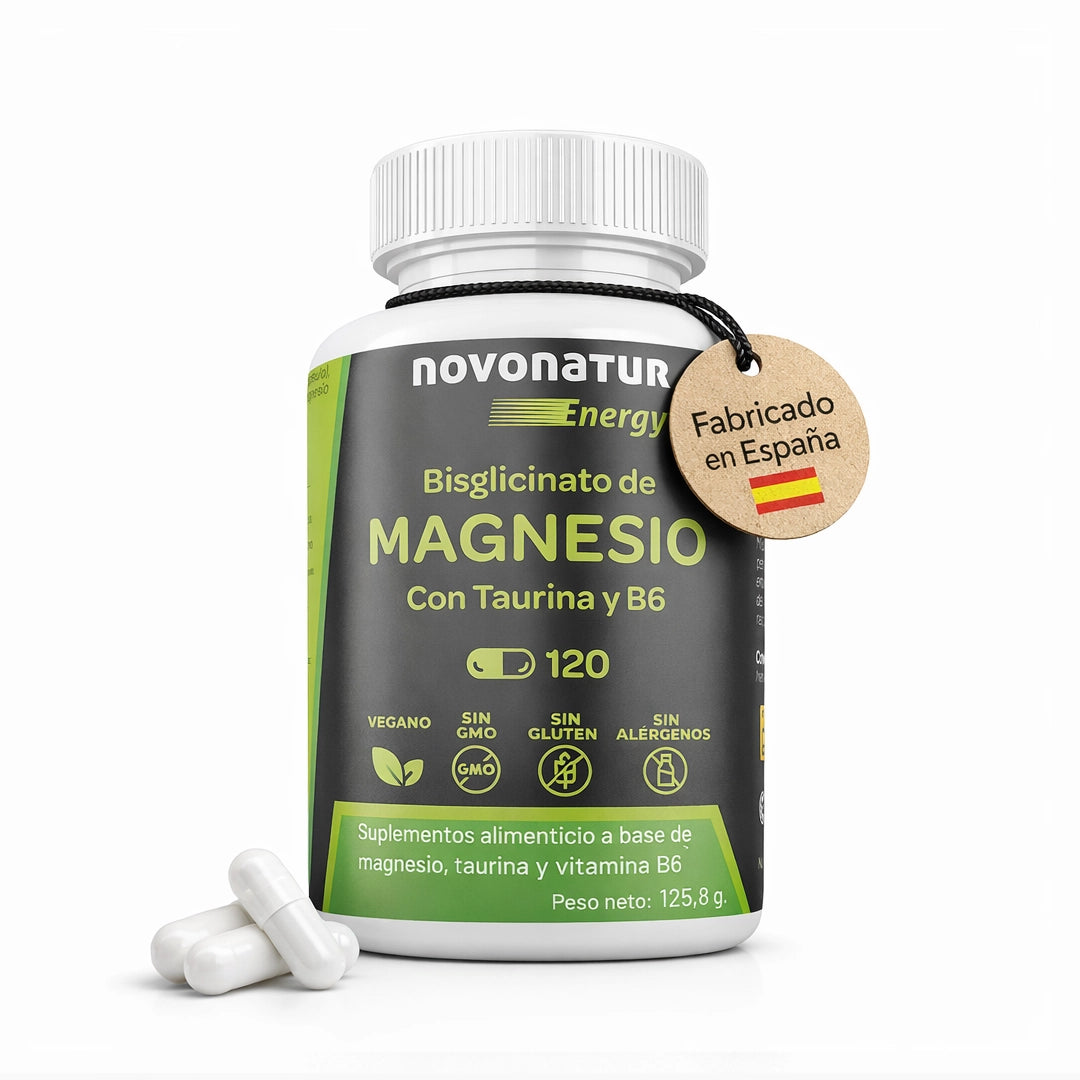 Bote de Magnesio Bisglicinato Novonatur Energy con taurina y vitamina B6, suplemento vegano de alta absorción con 120 cápsulas, fabricado en España.