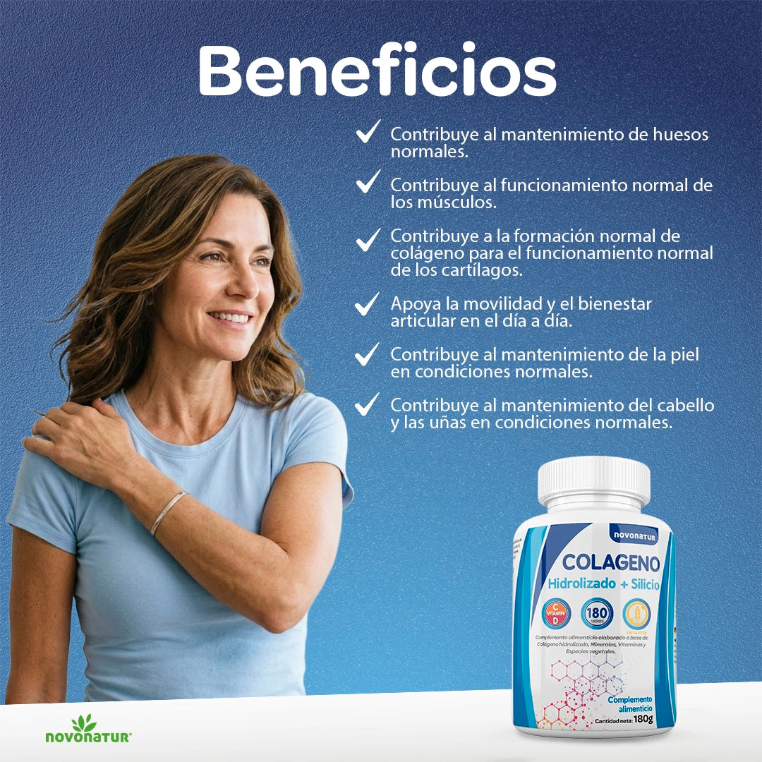 Mujer activa junto a colágeno hidrolizado con silicio, suplemento para apoyar la movilidad y el cuidado de piel, cabello y uñas.