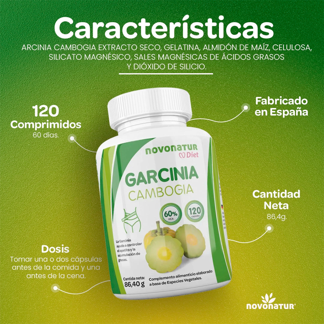 Características de Garcinia Cambogia Novonatur 60% HCA, 120 cápsulas, complemento alimenticio fabricado en España para control de peso.