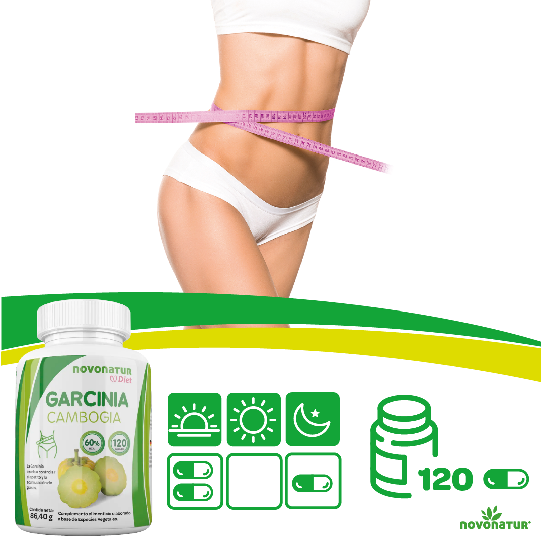 Imagen de cintura con cinta métrica junto a Garcinia Cambogia 60% HCA, complemento alimenticio para apoyar planes de control de peso.