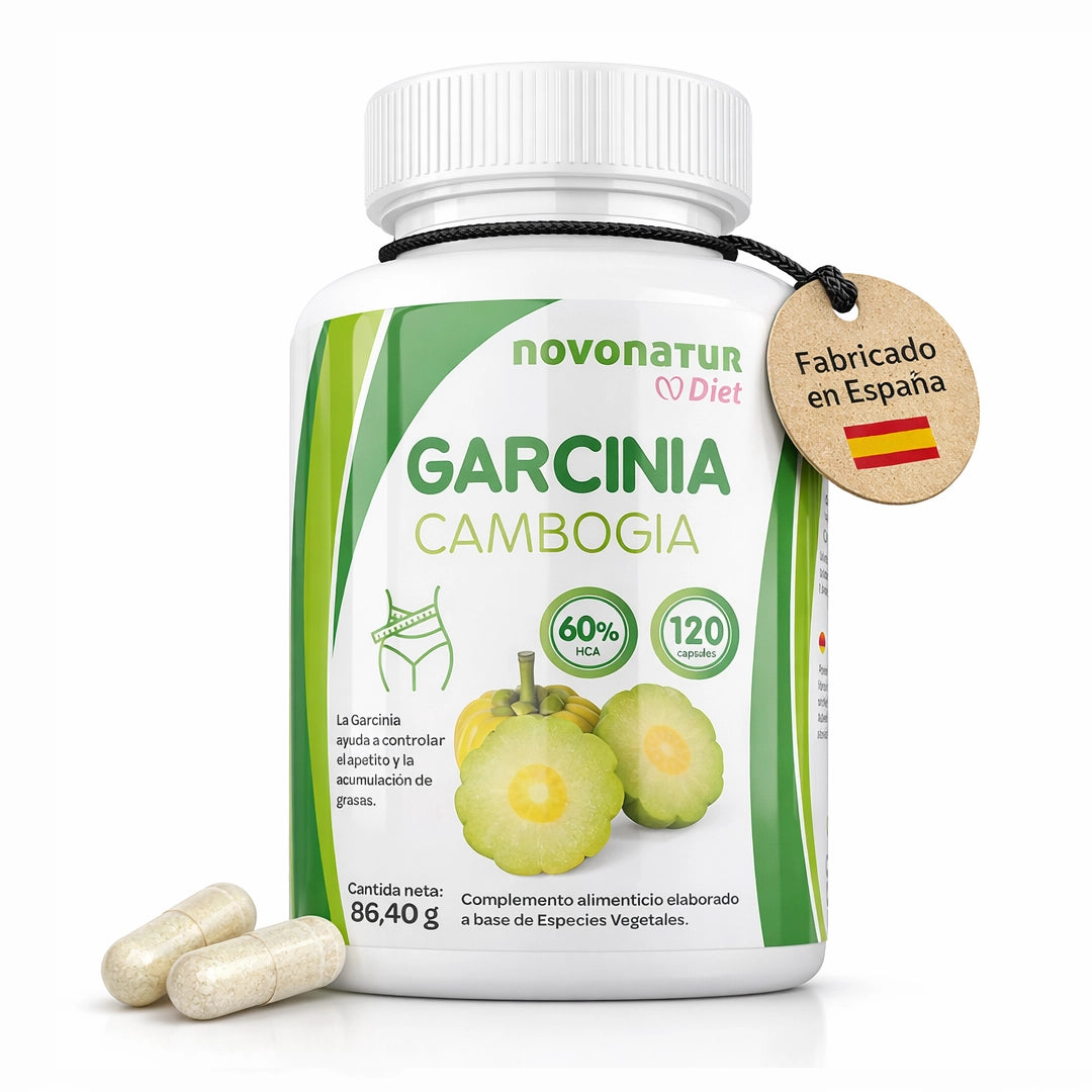 Garcinia Cambogia Novonatur 60% HCA 120 cápsulas, suplemento natural para control del apetito y apoyo en dietas de control de peso.