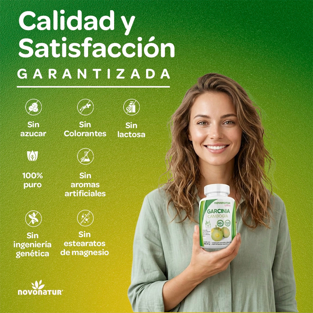 Mujer sosteniendo Garcinia Cambogia Novonatur 60% HCA, suplemento natural para acompañar planes de dieta y bienestar.