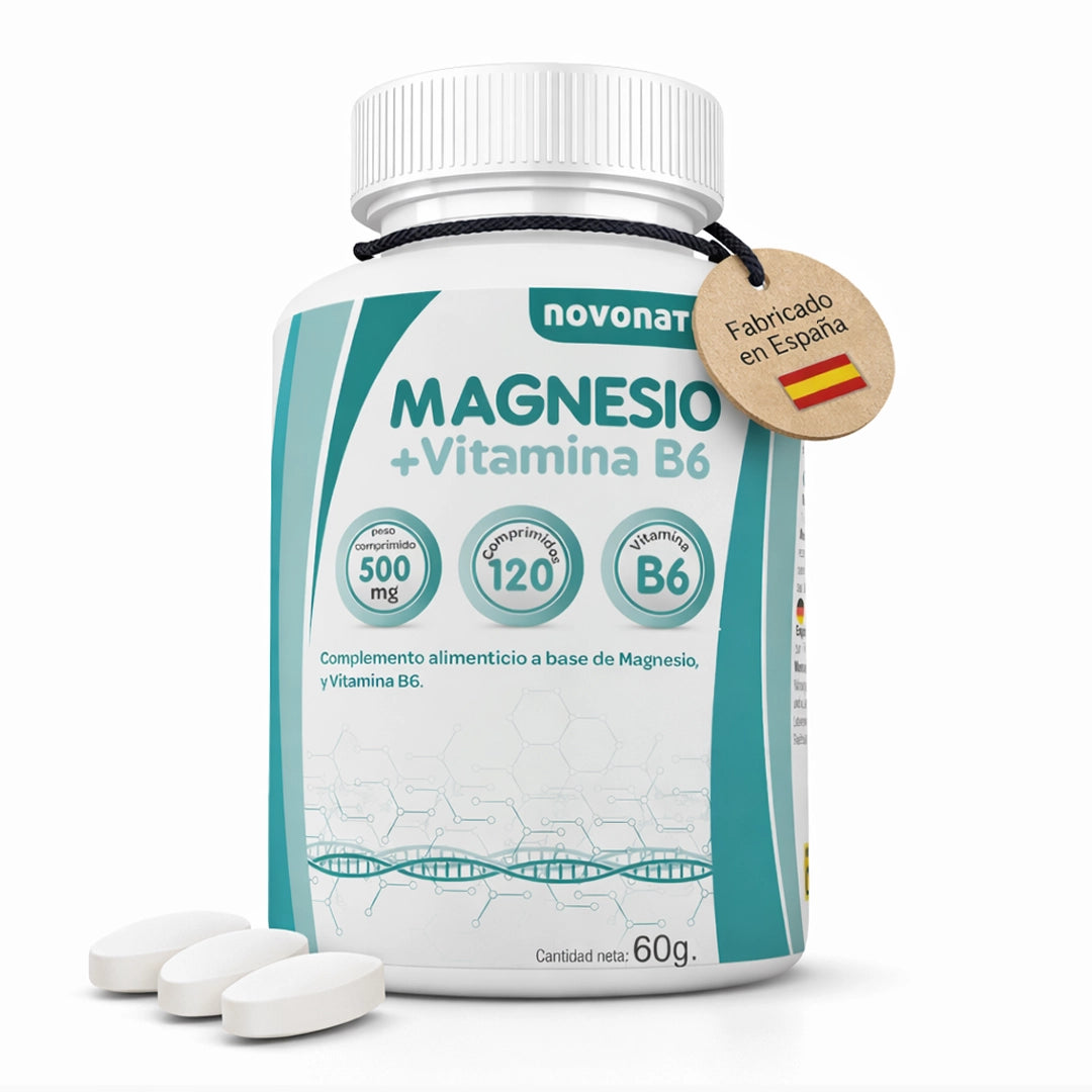 Bote de Novonatur Magnesio + Vitamina B6 con 120 comprimidos (500 mg), complemento alimenticio para funcion muscular y cansancio y fatiga, fondo transparente.