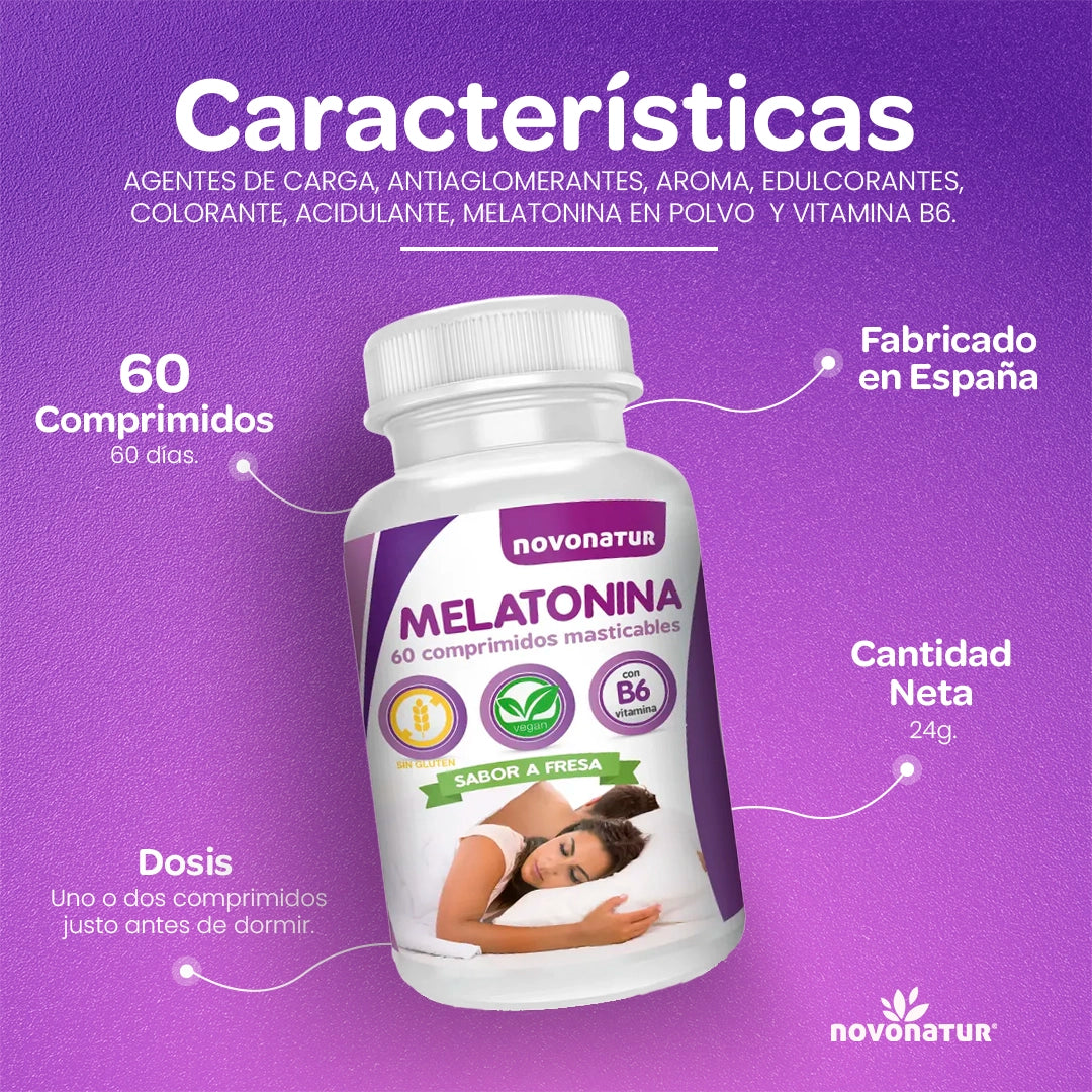 Características de la melatonina Novonatur 60 comprimidos masticables con vitamina B6 fabricada en España.