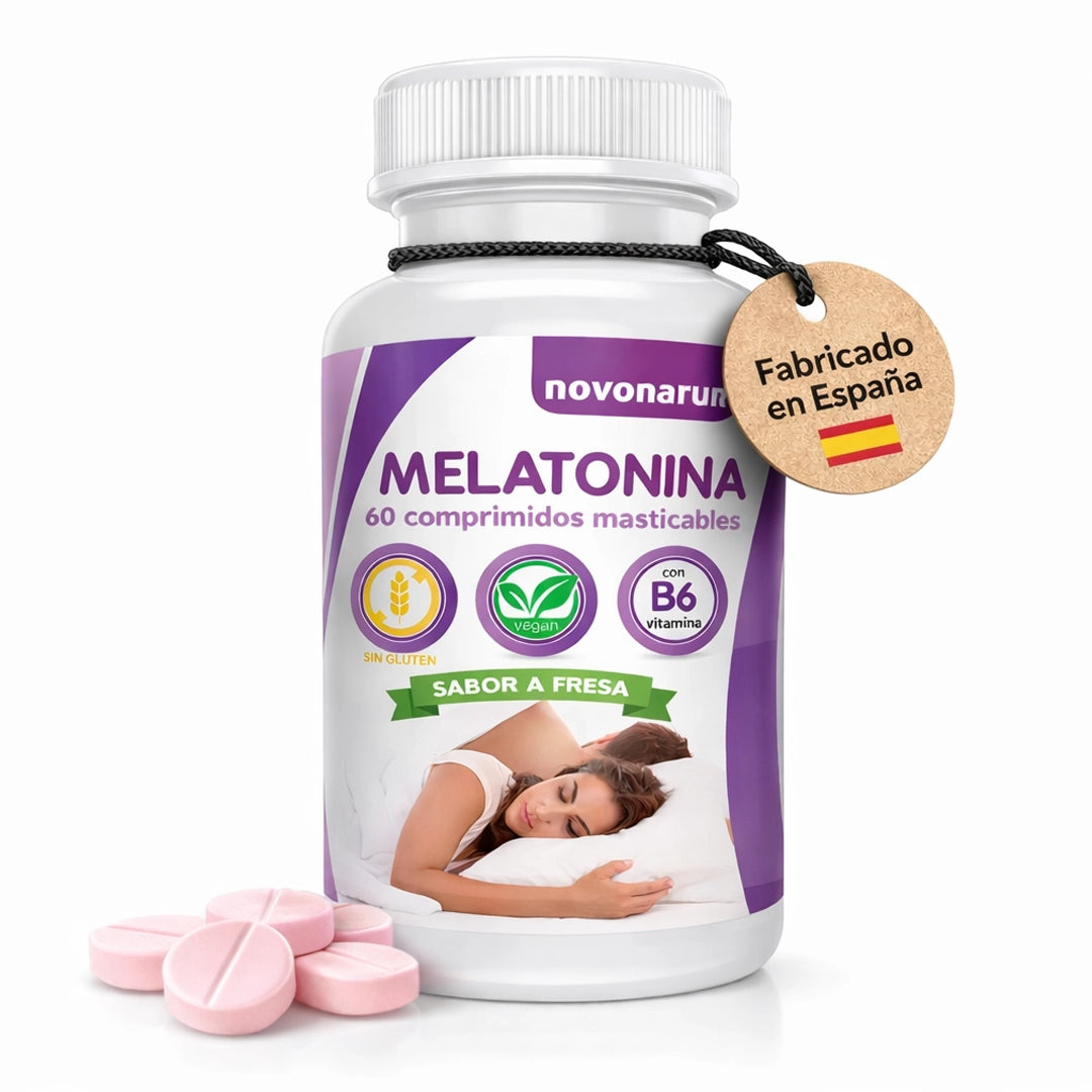 Bote de melatonina Novonatur 60 comprimidos masticables sabor fresa con vitamina B6, complemento alimenticio para el descanso.