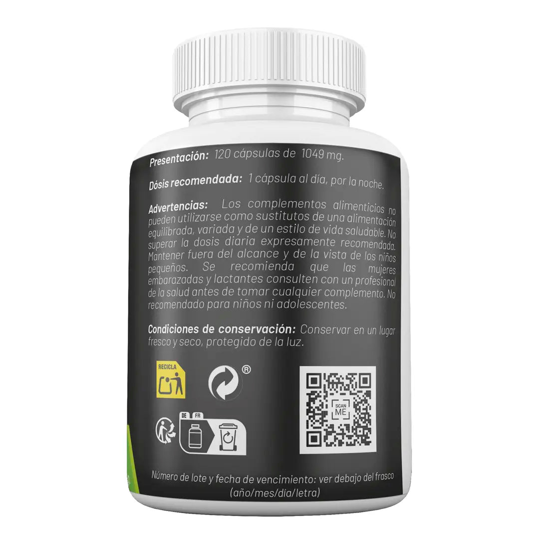 Etiqueta trasera Novonatur bisglicinato de magnesio 1049 mg, 120 cápsulas, dosis recomendada 1 cápsula diaria, advertencias y conservación del suplemento alimenticio fabricado en España.