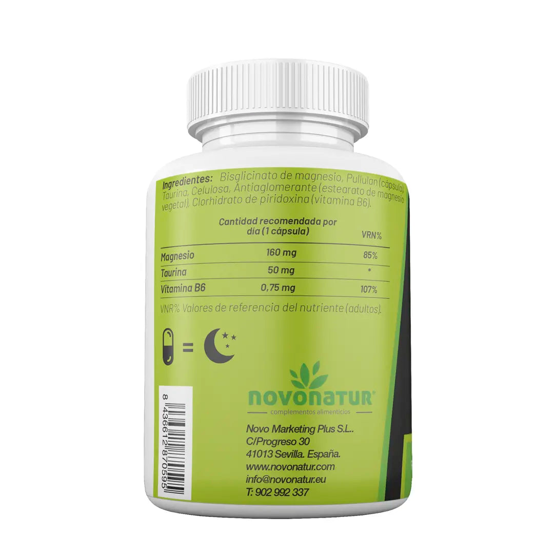 Ingredientes y valores nutricionales Novonatur bisglicinato de magnesio 160 mg con taurina 50 mg y vitamina B6, 120 cápsulas, magnesio alta absorción, suplemento para músculos, cansancio y sistema nervioso.