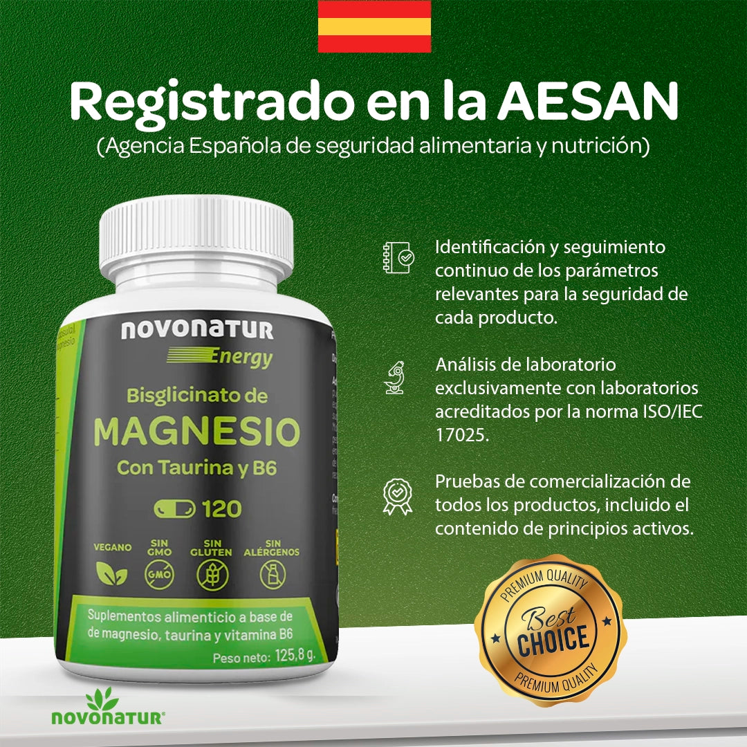 Novonatur bisglicinato de magnesio con taurina y vitamina B6, suplemento registrado en AESAN (Agencia Española de Seguridad Alimentaria y Nutrición), con análisis en laboratorio acreditado ISO 17025, fabricado en España, 120 comprimidos