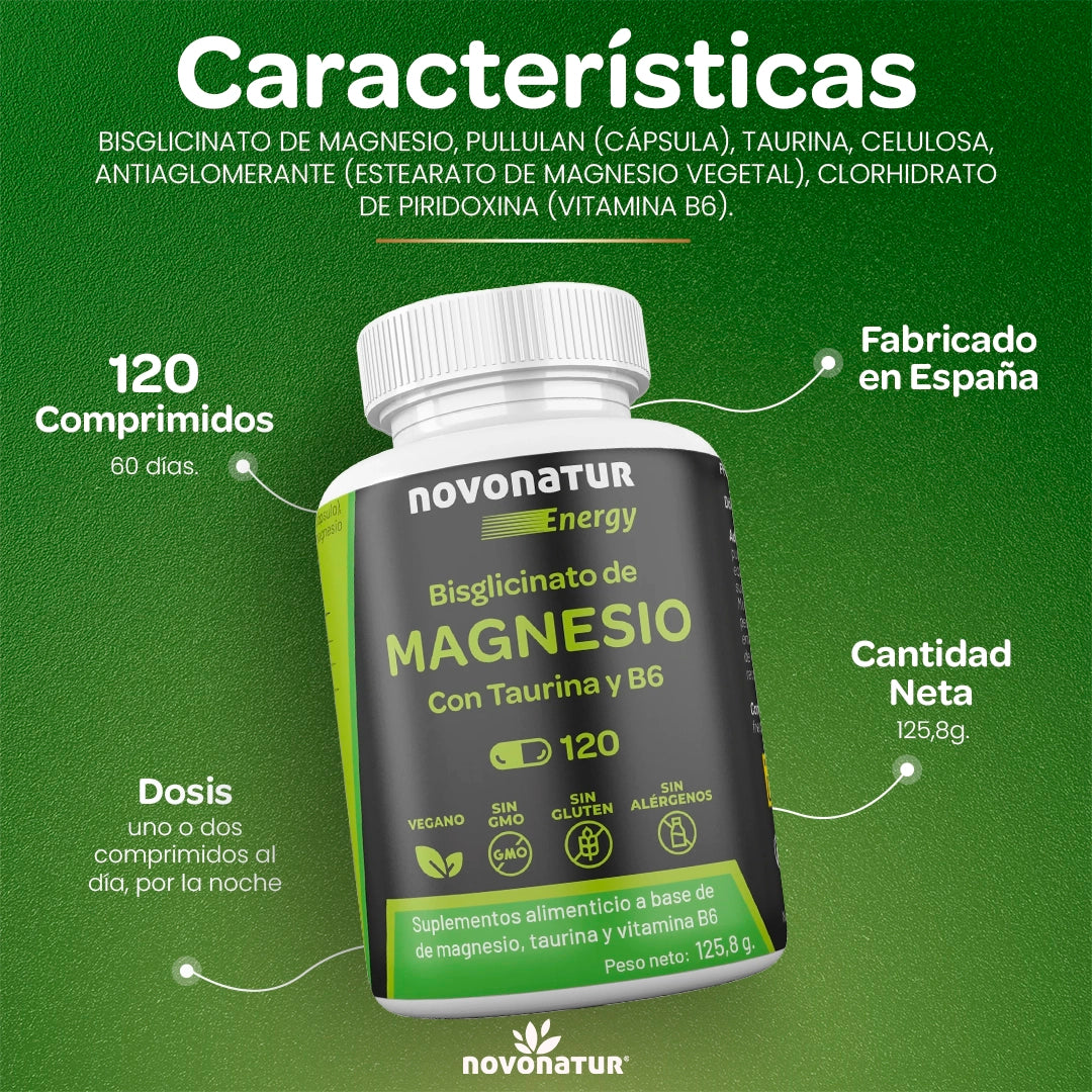 Infografía de Novonatur Energy bisglicinato de magnesio con taurina y vitamina B6, bote de suplemento con 120 comprimidos (60 días), dosis 1–2 al día por la noche, fabricado en España, cantidad neta 125,8 g, vegano, sin gluten, sin GMO y sin alérgenos, sobre fondo verde.
