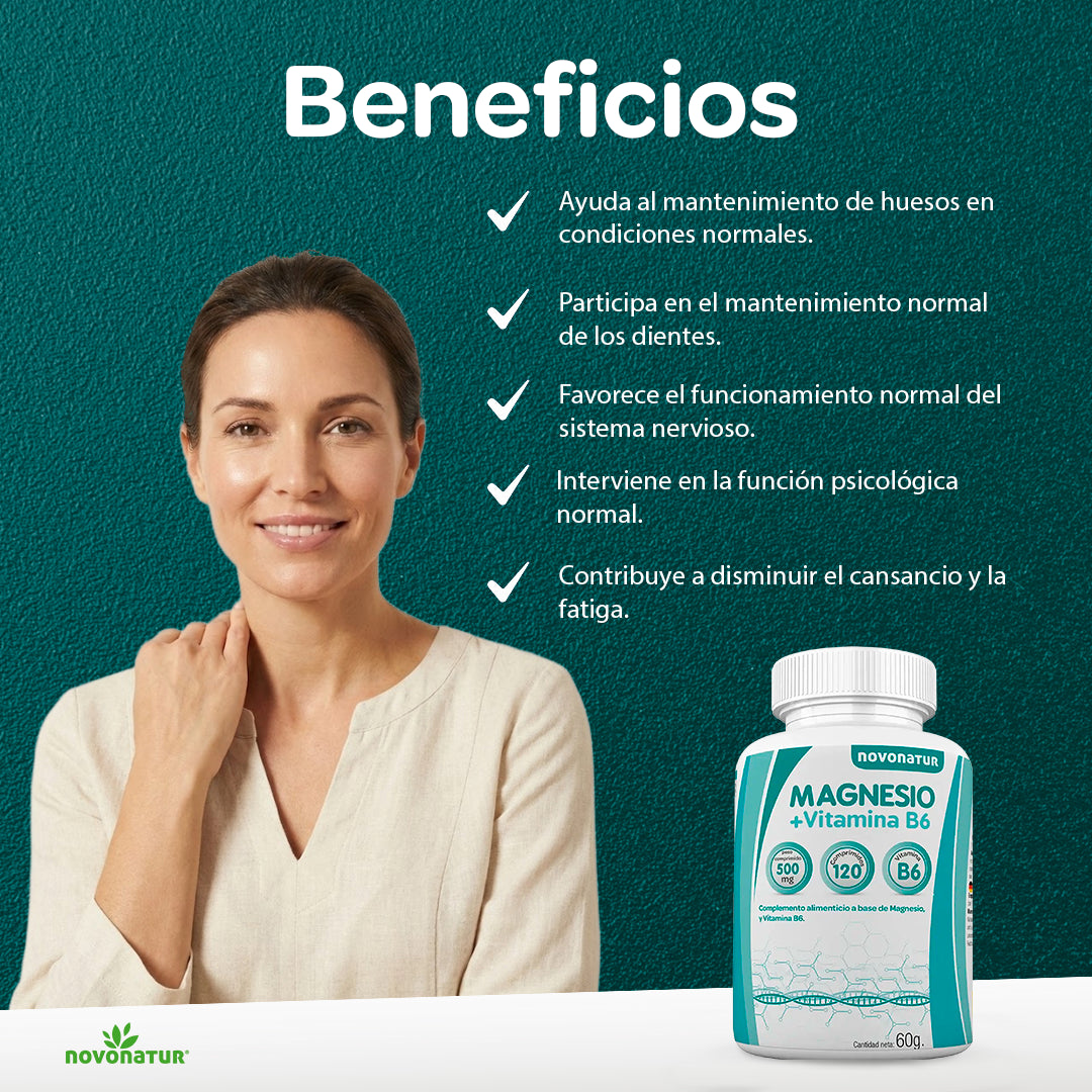 Imagen de beneficios de Novonatur Magnesio + Vitamina B6 con 120 comprimidos, suplemento para huesos, sistema nervioso y cansancio y fatiga, con modelo y bote en fondo verde.