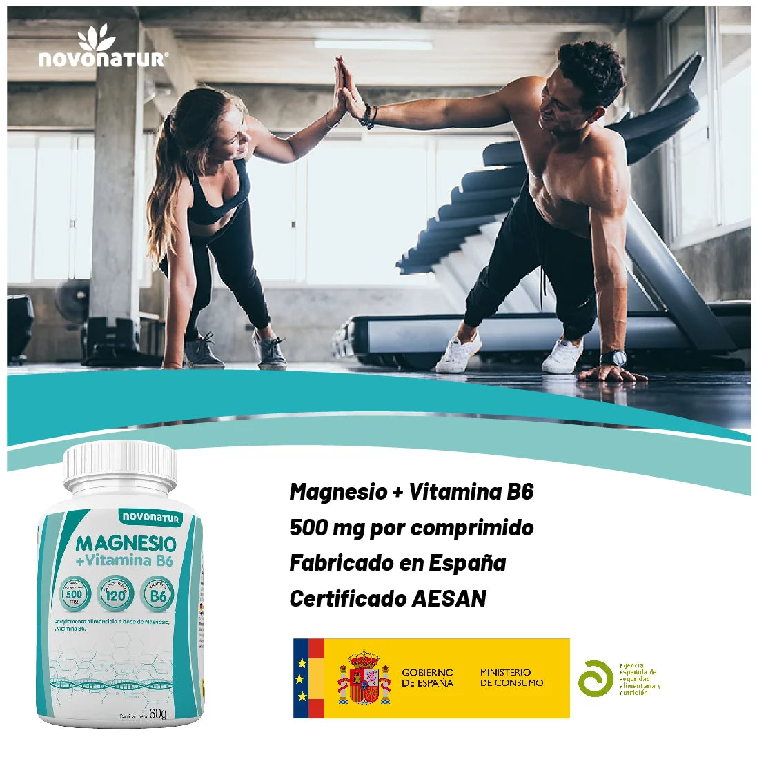 Novonatur Magnesio + Vitamina B6 120 comprimidos, 500 mg por comprimido, suplemento para recuperacion muscular, cansancio y fatiga, fabricado en España y registrado en AESAN.