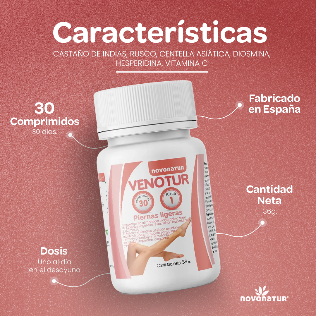 Novonatur Venotur suplemento para la circulación con 30 comprimidos, 1 al día, fabricado en España para piernas pesadas e hinchadas.