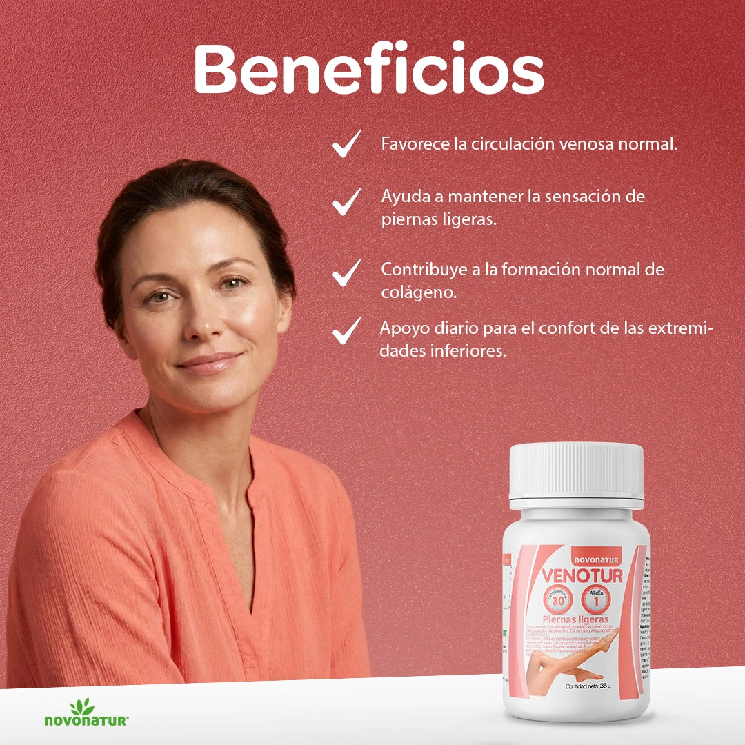 Mujer mostrando bienestar con Novonatur Venotur, suplemento para mejorar la circulación y aliviar la sensación de piernas pesadas.