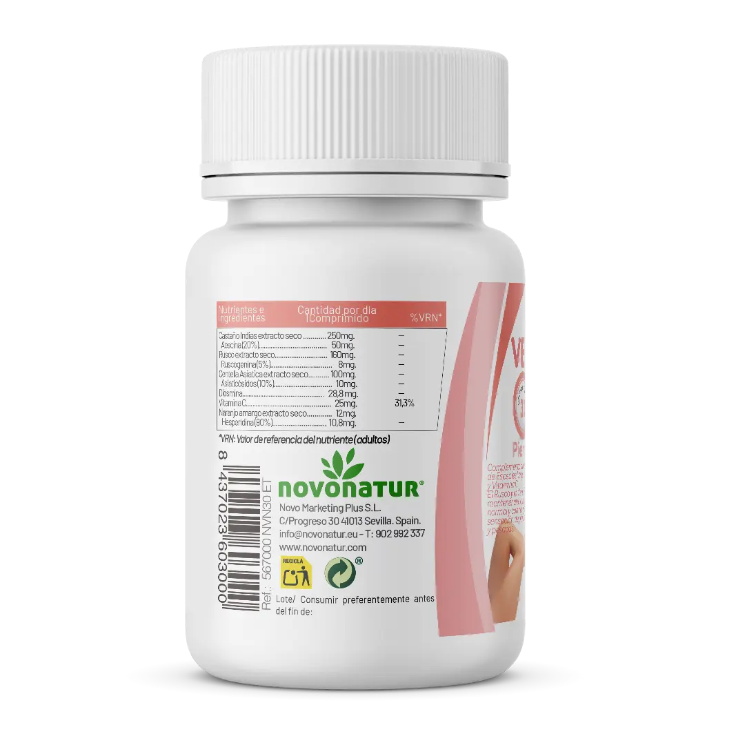 Parte trasera del bote Novonatur Venotur con información nutricional, modo de empleo e ingredientes para la circulación.