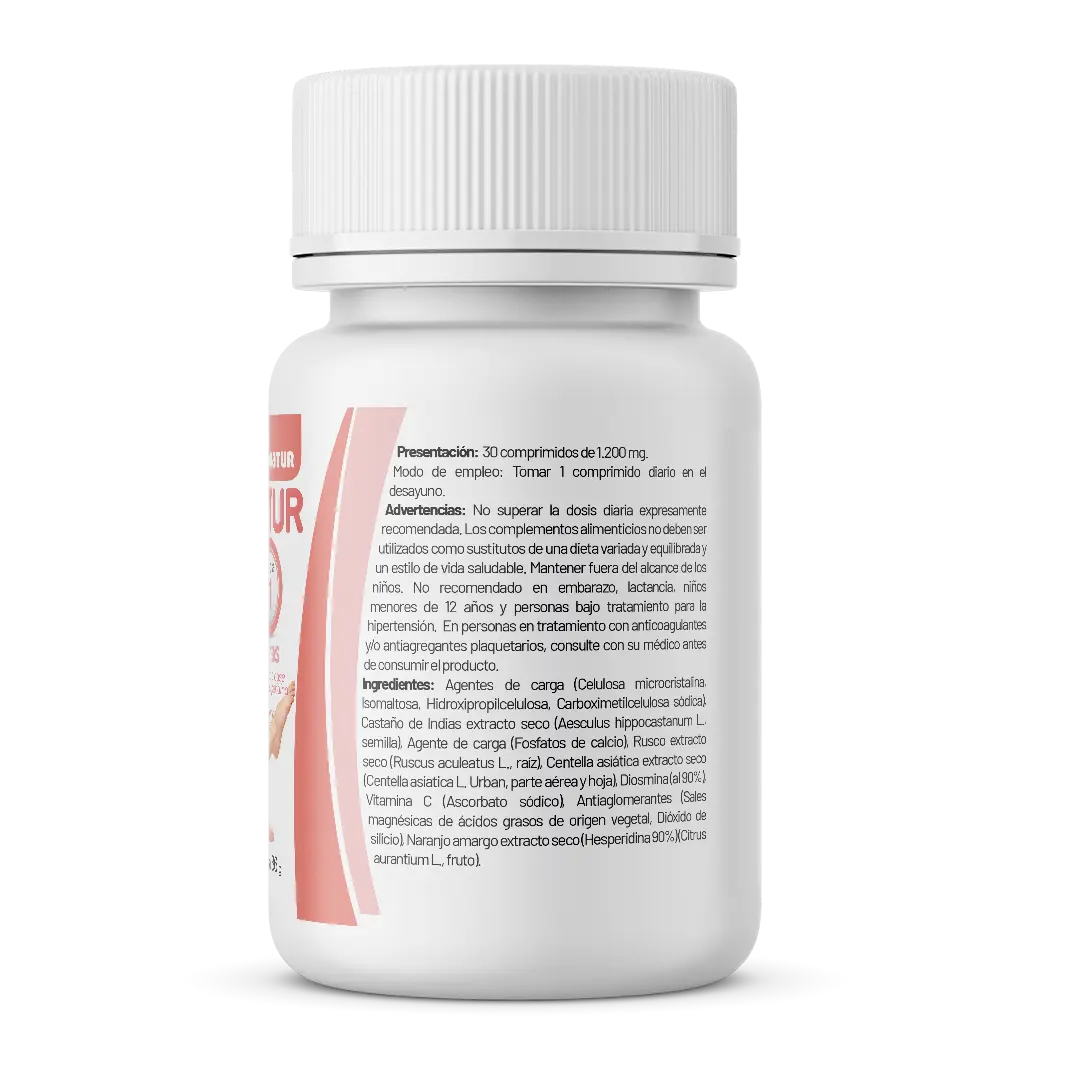 Detalle lateral de Venotur con ingredientes como diosmina, centella asiática y castaño de indias para circulación venosa.