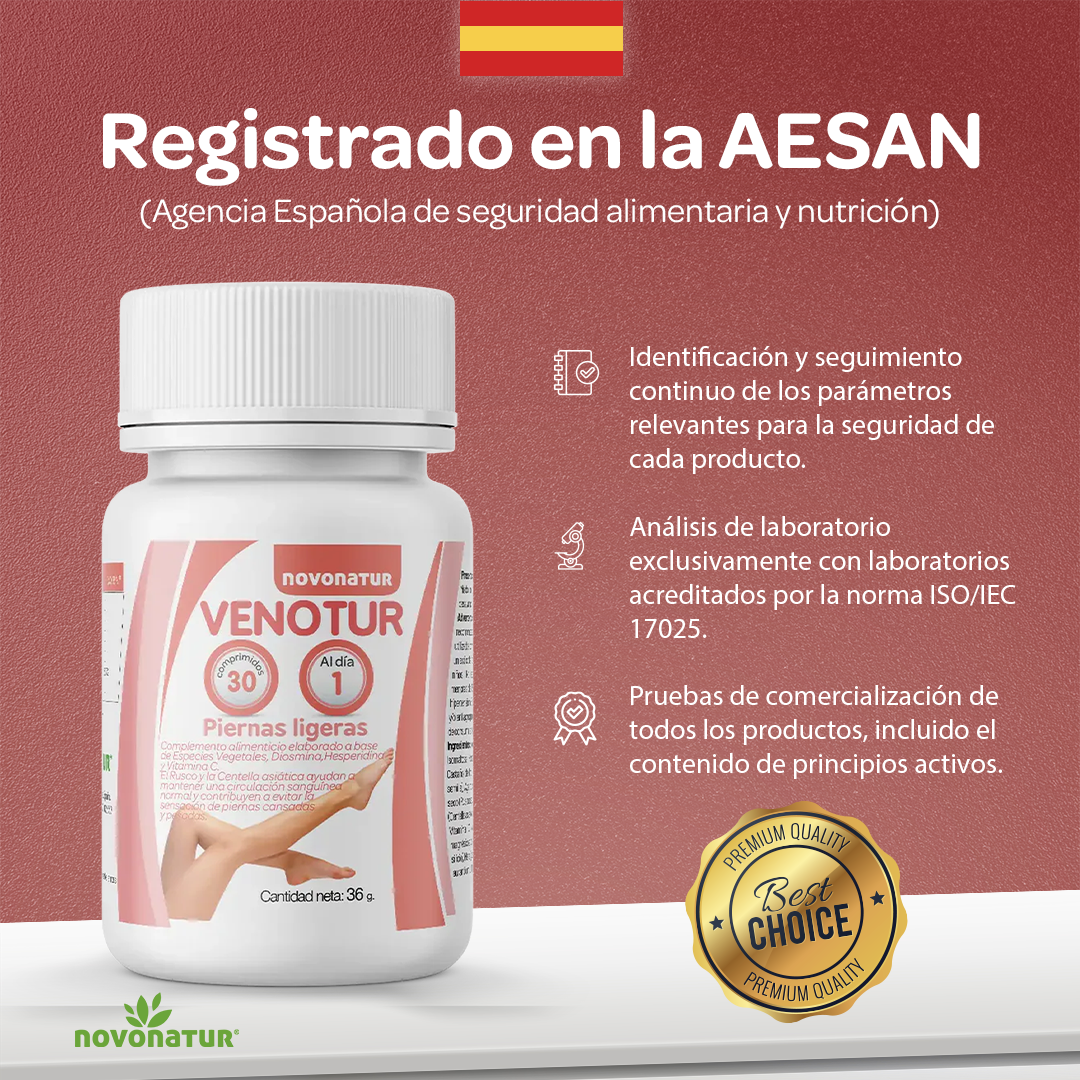 Venotur registrado en AESAN, complemento alimenticio para la circulación con ingredientes naturales y control de calidad.