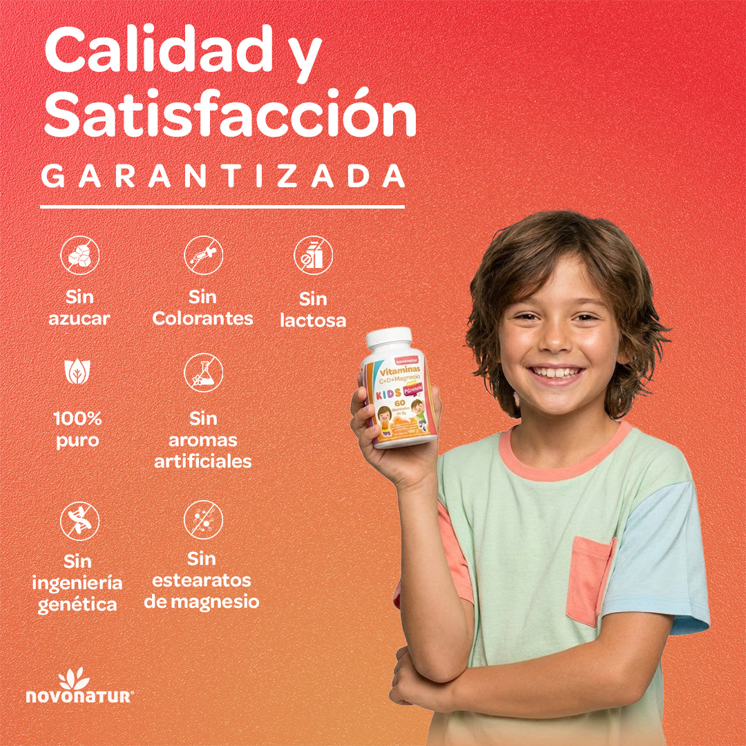 Imagen Novonatur Vitaminas C D Magnesio Kids 60 gominolas 180 g, complemento para niños y familias que buscan energia diaria, apoyo inmunitario y cansancio y fatiga, con modelo infantil y bote en fondo naranja.