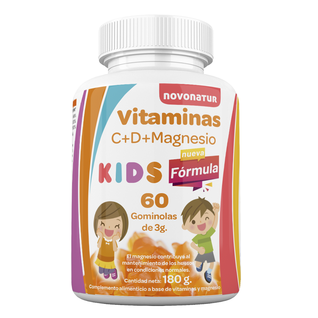 Bote Novonatur Vitaminas C+D+Magnesio Kids 60 gominolas 180 g, complemento infantil para apoyo a huesos y funcion normal, energia diaria y cansancio.