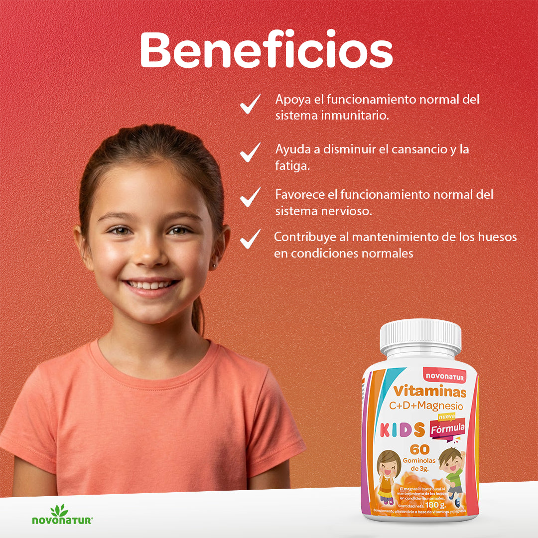 Imagen beneficios Novonatur Vitaminas C D Magnesio Kids 60 gominolas 180 g, apoyo sistema inmunitario, energia diaria y cansancio y fatiga, con bote e infografia en fondo naranja.