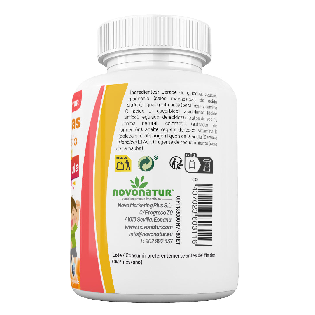 Etiqueta trasera Novonatur Vitaminas C D Magnesio Kids 60 gominolas 180 g, listado de ingredientes, origen vitamina D y datos fabricante en España, complemento infantil vegano para uso diario.