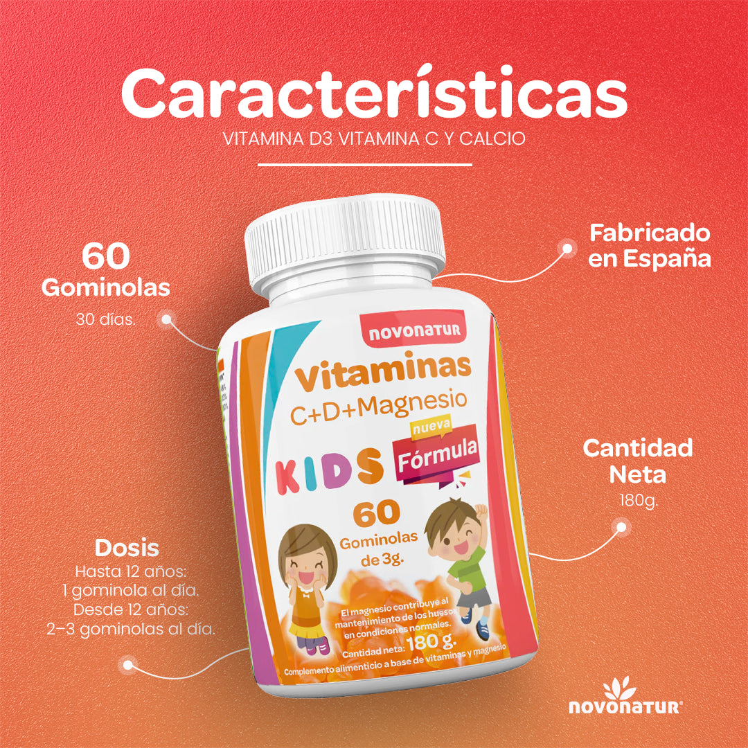 Infografia bote Novonatur Vitaminas D3 C y Calcio 60 gominolas 180 g, complemento infantil para apoyo a huesos y funcion normal, energia diaria y cansancio y fatiga.