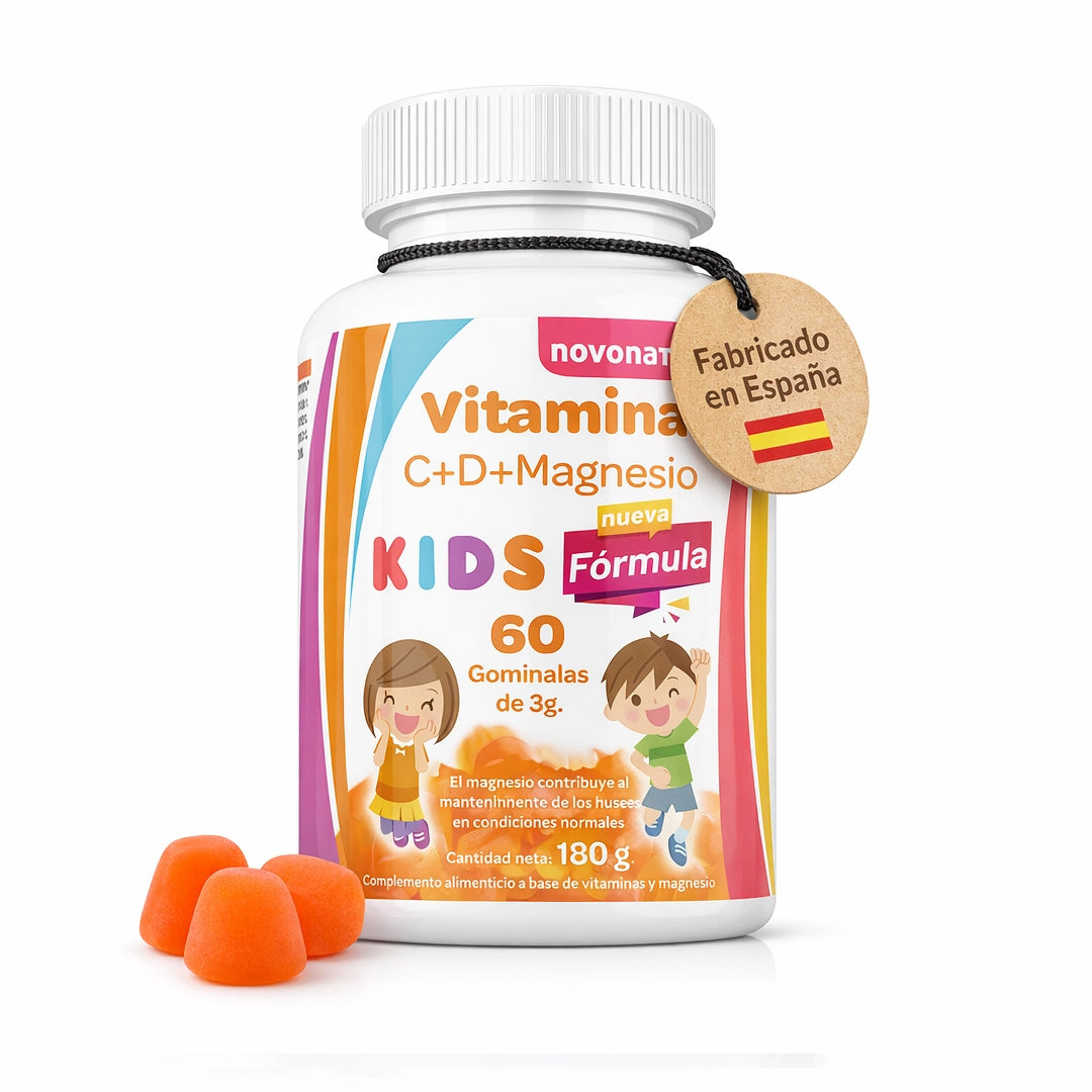 Bote Novonatur Vitaminas C+D+Magnesio Kids 60 gominolas 180 g, complemento infantil para apoyo a huesos y funcion normal, energia diaria y cansancio.