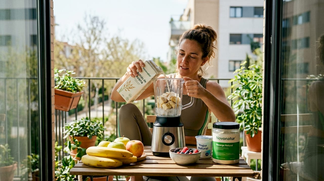 Mujer preparando un batido para recargar energías después del ejercicio